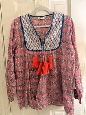 SZ Blockprints Handblocked Floral Tassel Tunic in Pink and Coral | Medium